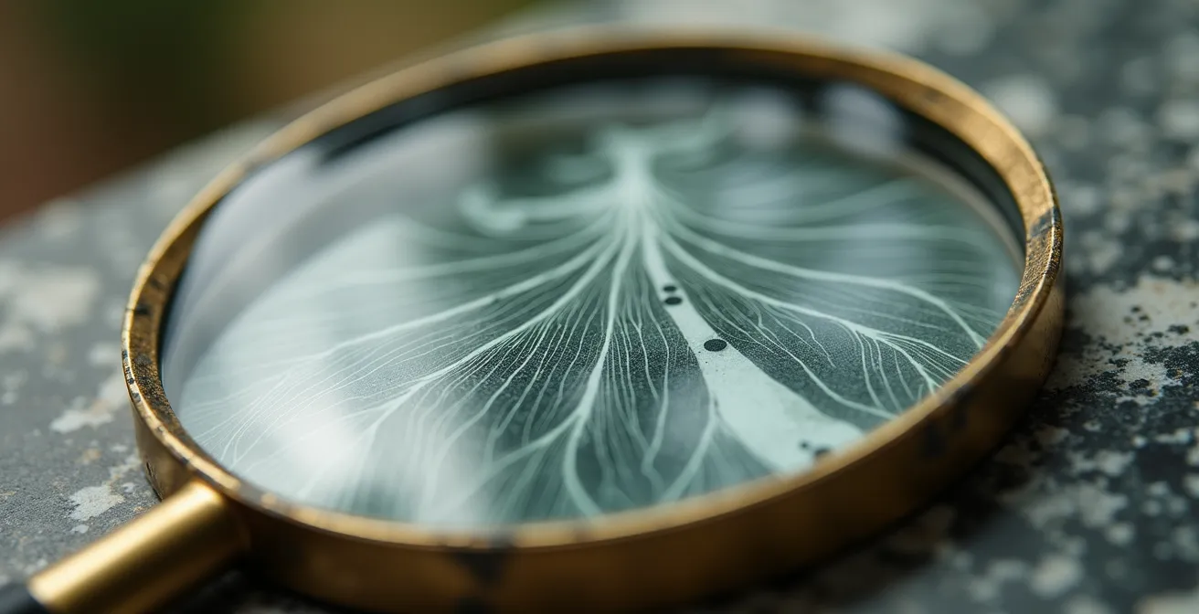 Loupe vintage examinant des graphiques de progression gravés sur marbre