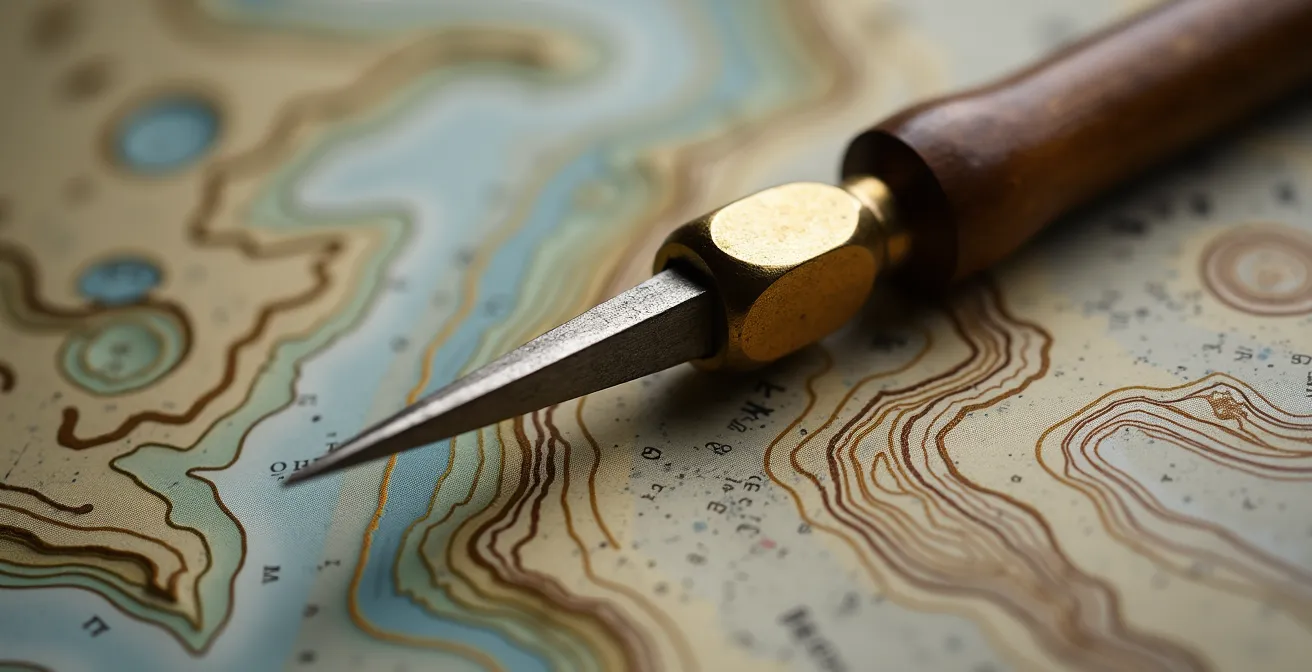 Vue macro d'un compas métallique posé sur une carte topographique avec des lignes de contour