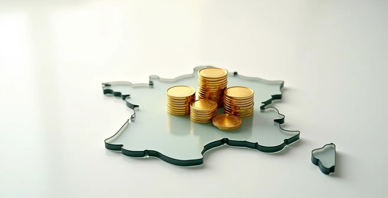 Carte de France avec indicateurs de salaires par région représentés par des piles de pièces dorées