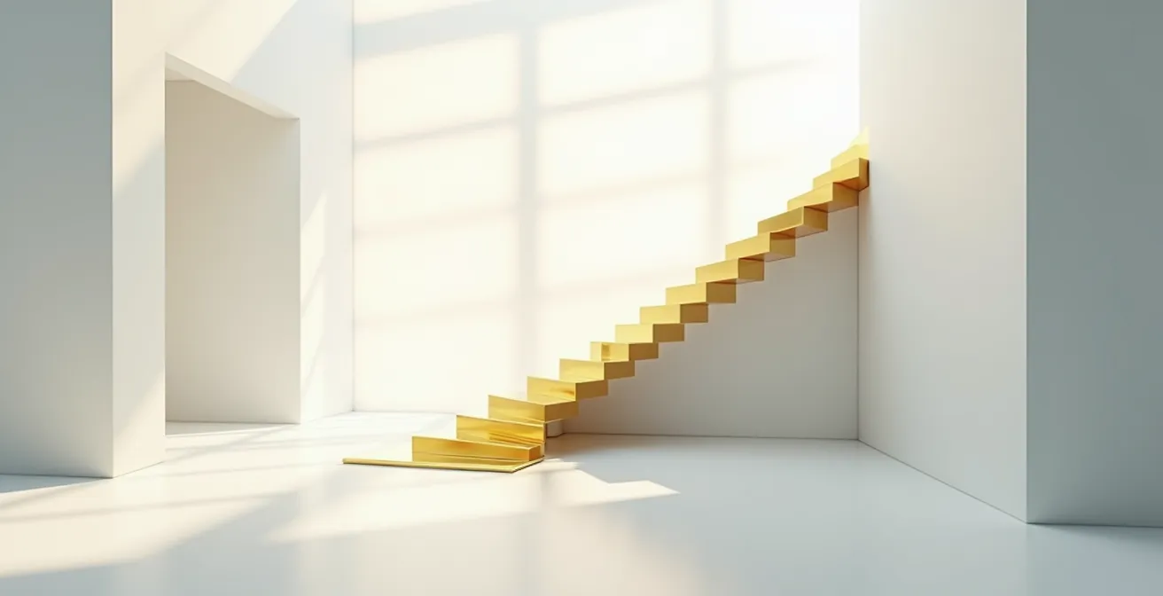 Escalier en verre moderne avec reflets dorés symbolisant l'ascension professionnelle