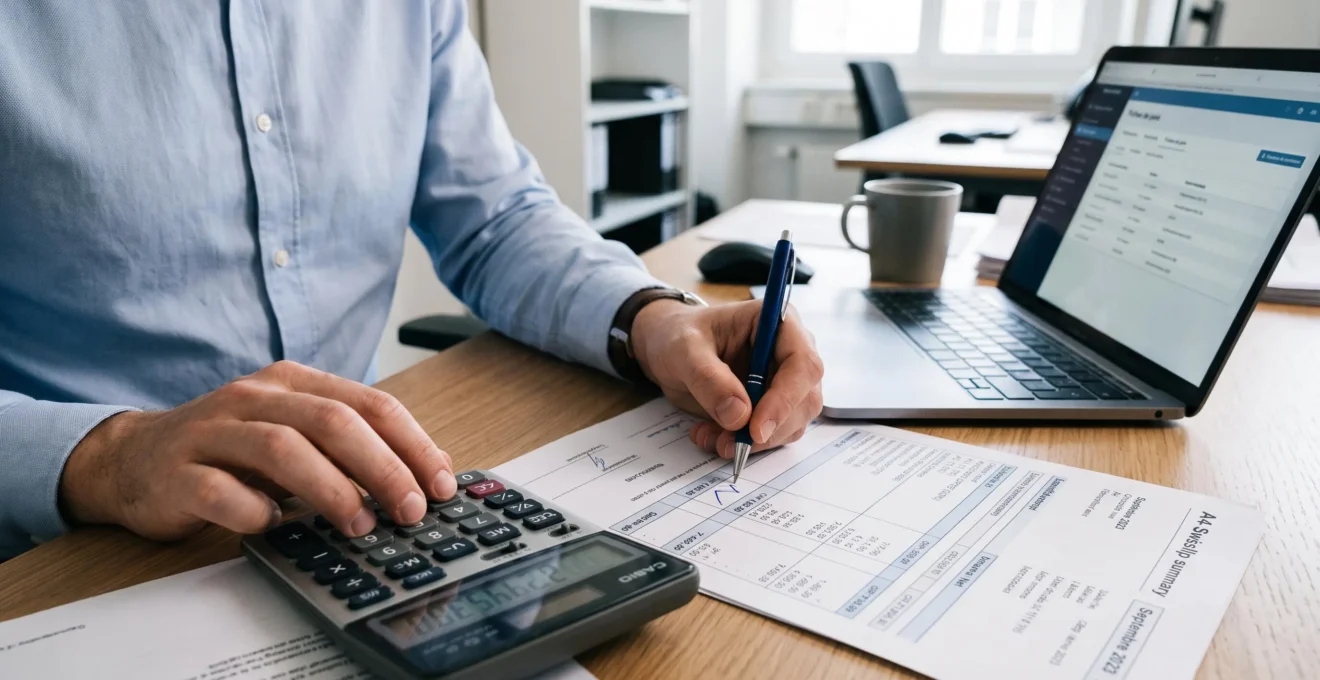 Mains d'un spécialiste paie annotant un bulletin de salaire suisse avec une calculatrice au bureau.