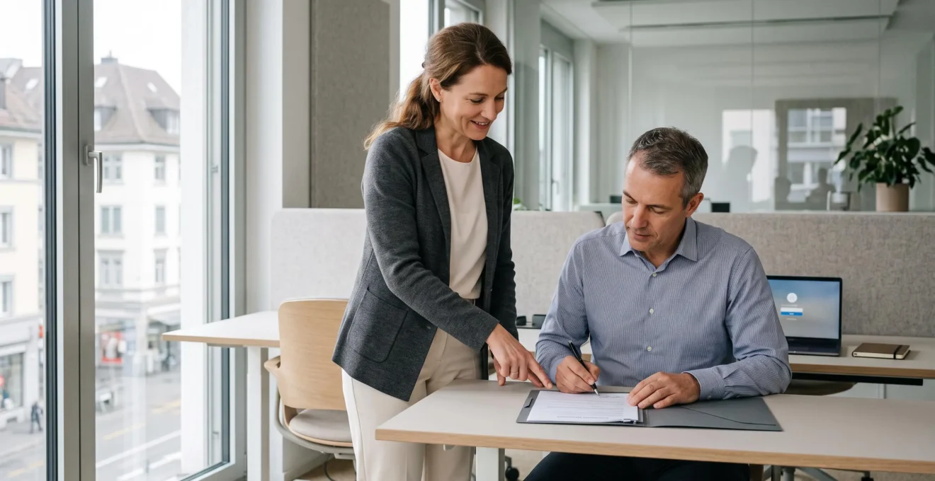 Une spécialiste RH remet un contrat de travail à un nouvel employé qui le signe dans un bureau lumineux en Suisse.