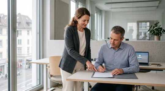 Une spécialiste RH remet un contrat de travail à un nouvel employé qui le signe dans un bureau lumineux en Suisse.